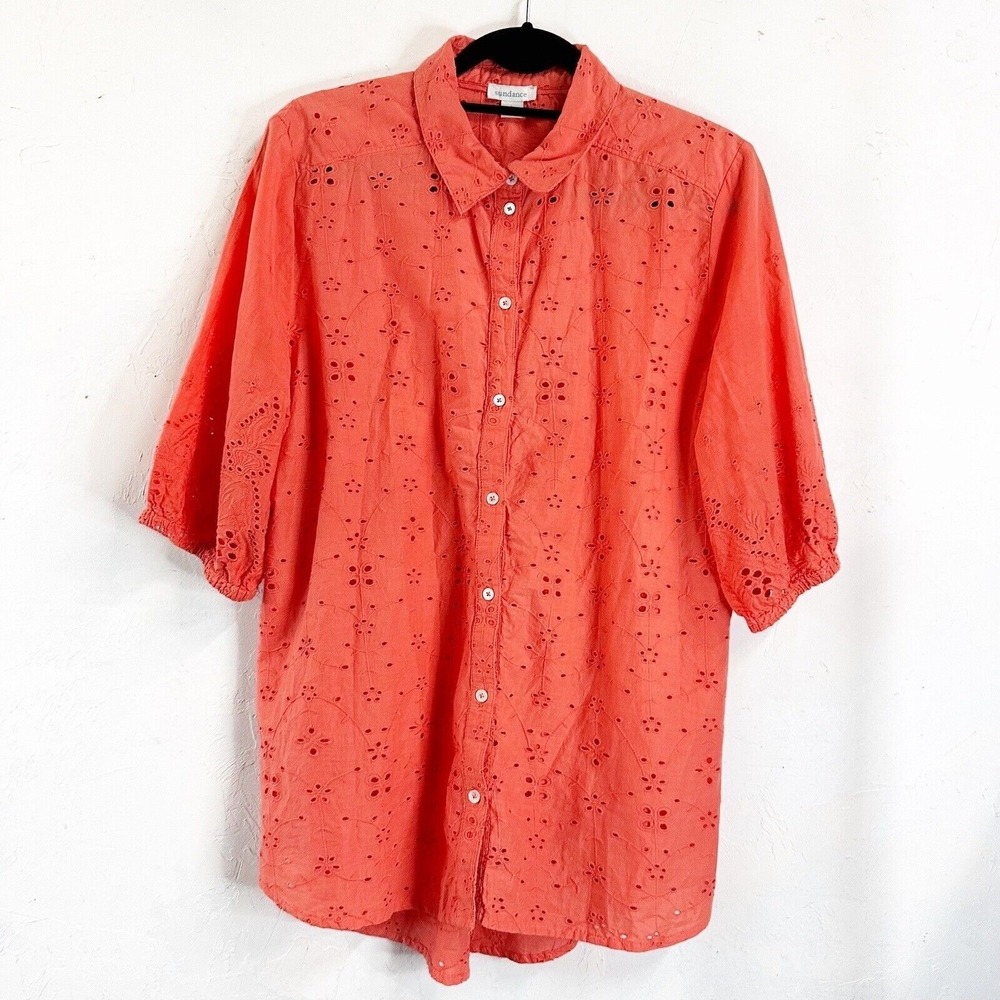 Sundance Eyelet Orange Button Down Top Peasant Boho Summer Beachy Womens Large